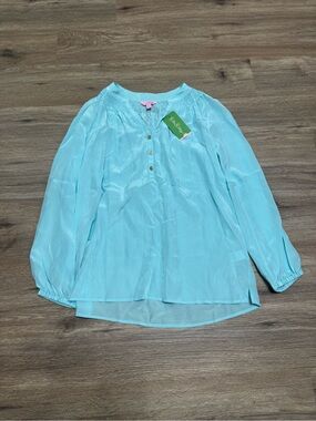 Lilly Pulitzer Aqua Long-Sleeve Smocked Blouse